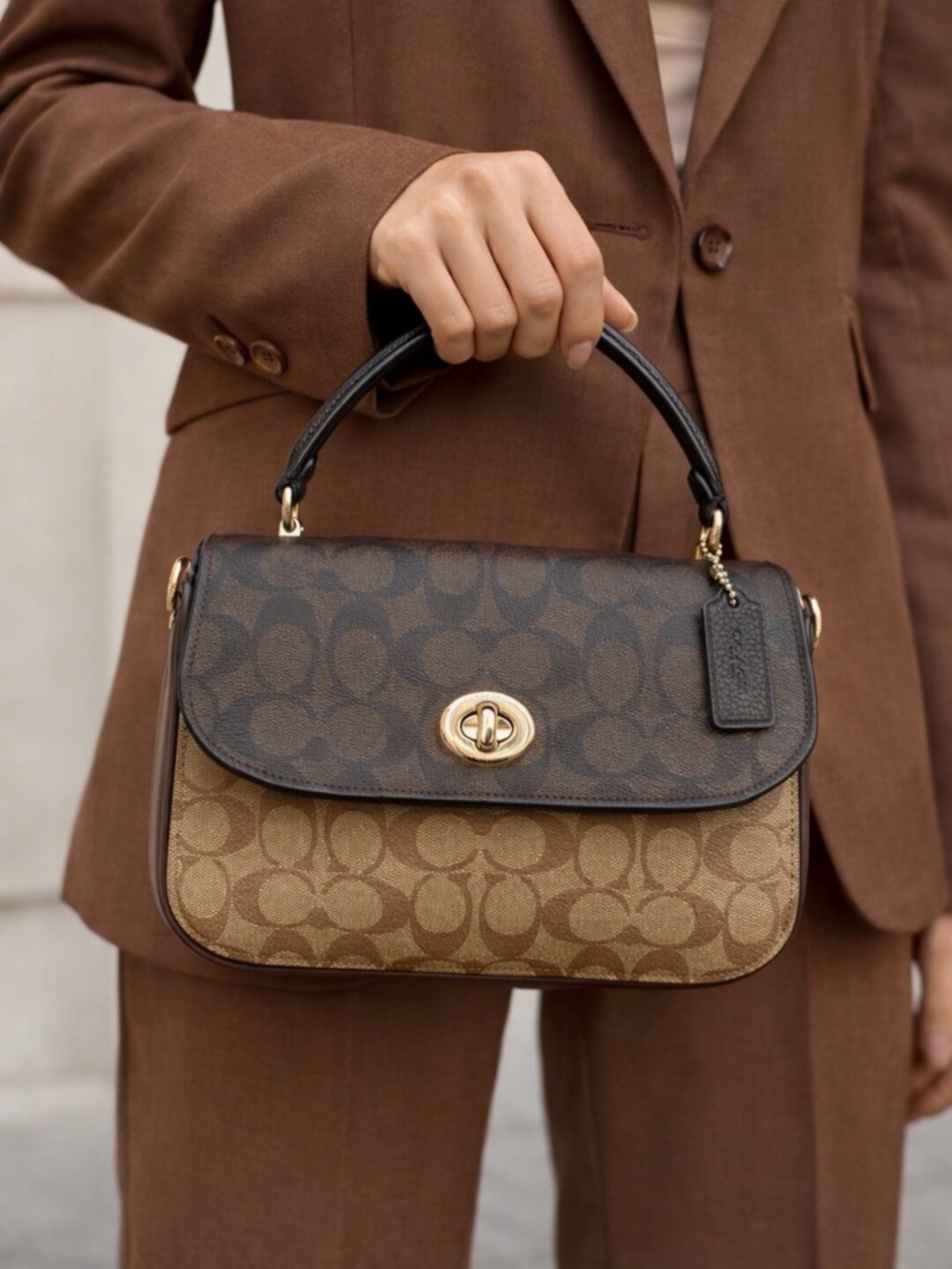 Coach Two-Tone Signature Top Handle Satchel in Brown and Black